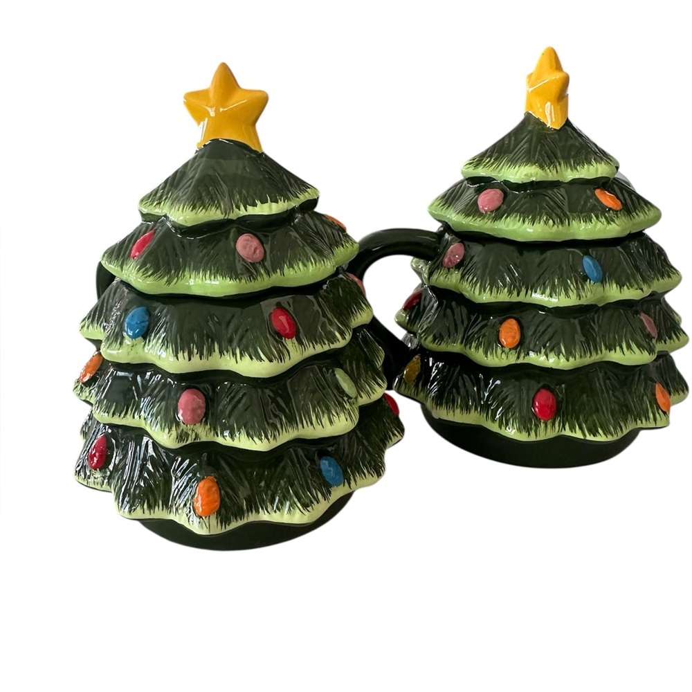 Mr. Christmas Set Of 2 Lidded Tree Mugs 16 0z Hand Painted Ceramic‎ EUC